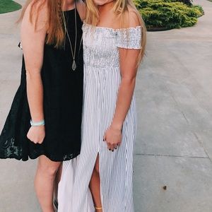 Off the shoulder striped long dress with slit